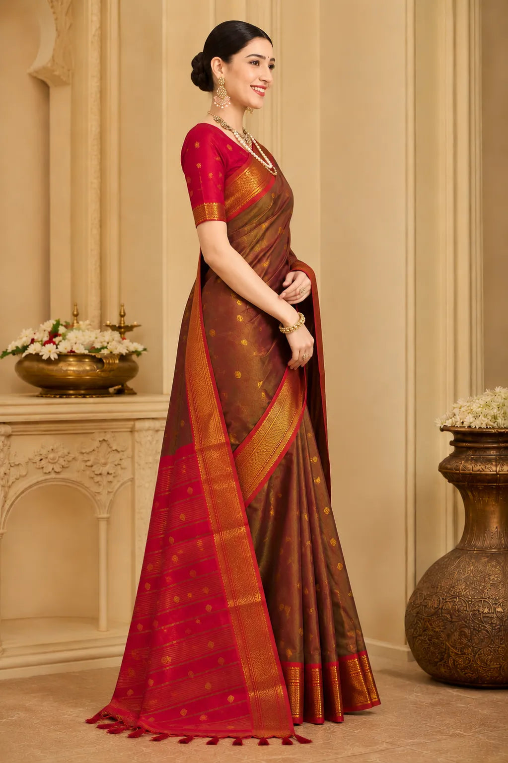Coffee Brown Cotton Silk Saree with Red Zari Border & Contrast Red Blouse