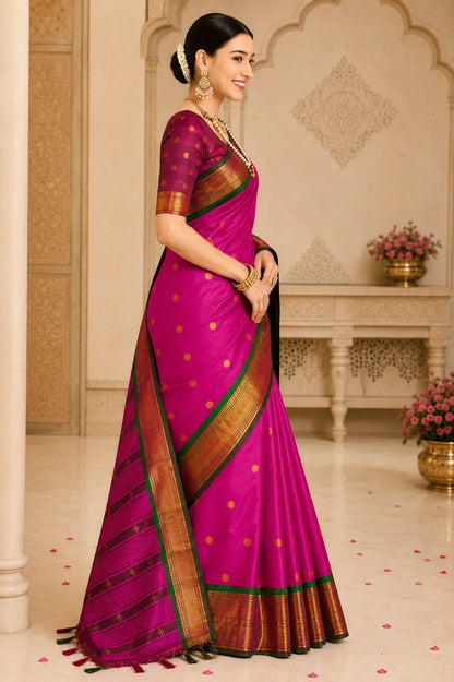 Rani Pink Cotton Silk Saree with Green Zari Border & Contrast Brown Blouse