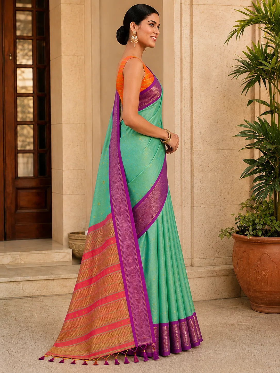 Mint Green Cotton Silk Saree with Gold Butti & Magenta Zari Border
