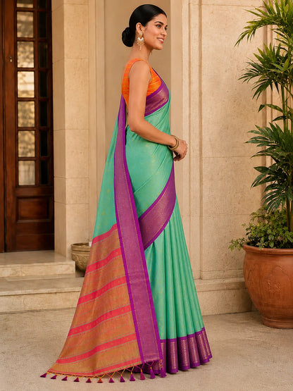 Mint Green Cotton Silk Saree with Gold Butti & Magenta Zari Border