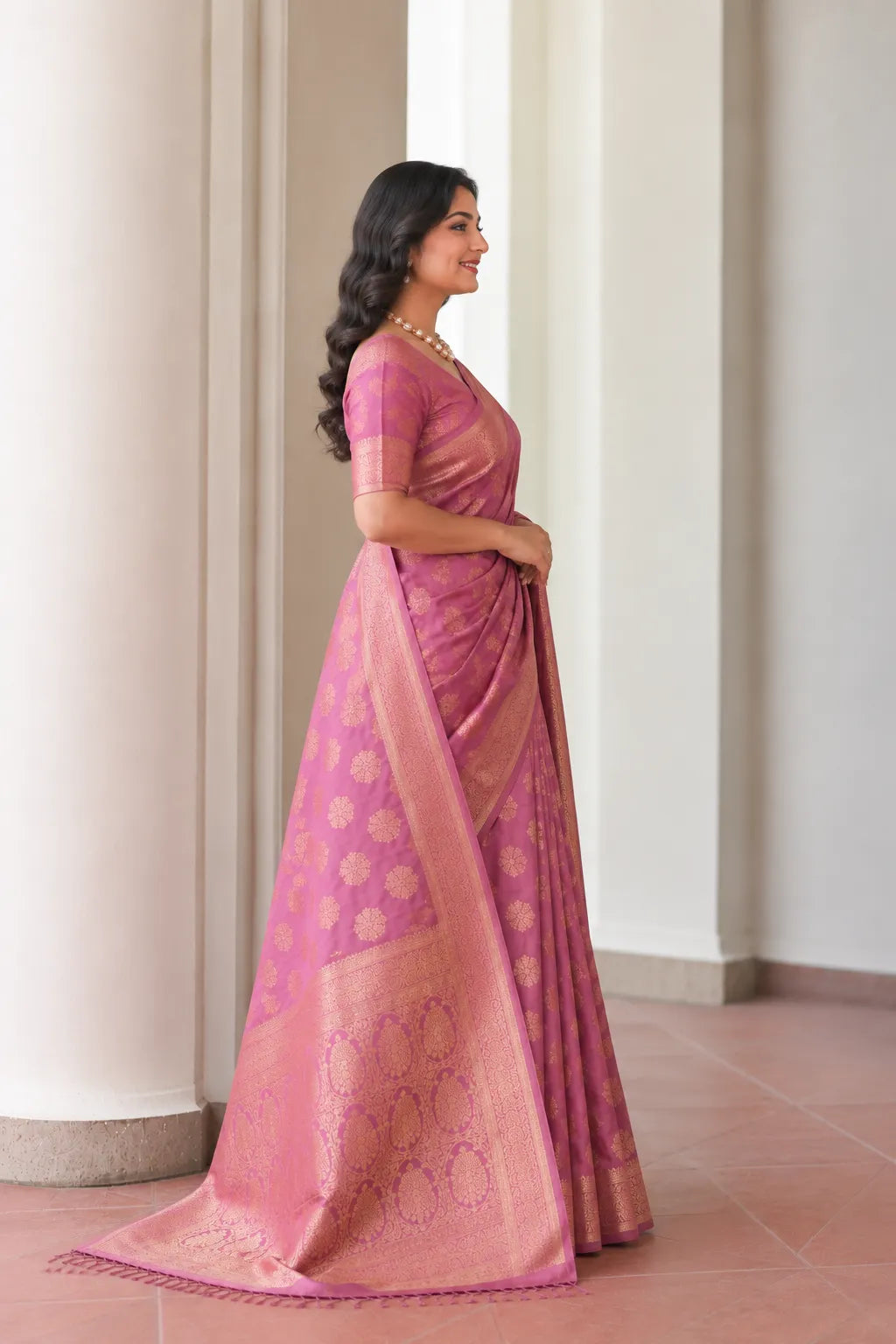 Royal Mauve Pink Banarasi Silk Saree with Floral Jaal Weaving & Rich Zari Pallu
