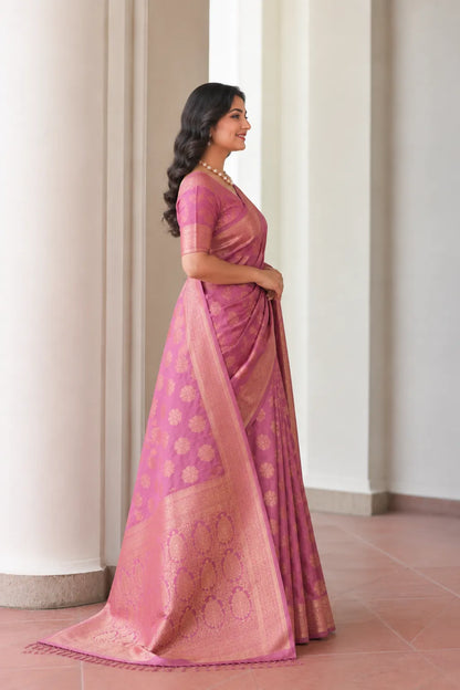 Royal Mauve Pink Banarasi Silk Saree with Floral Jaal Weaving & Rich Zari Pallu