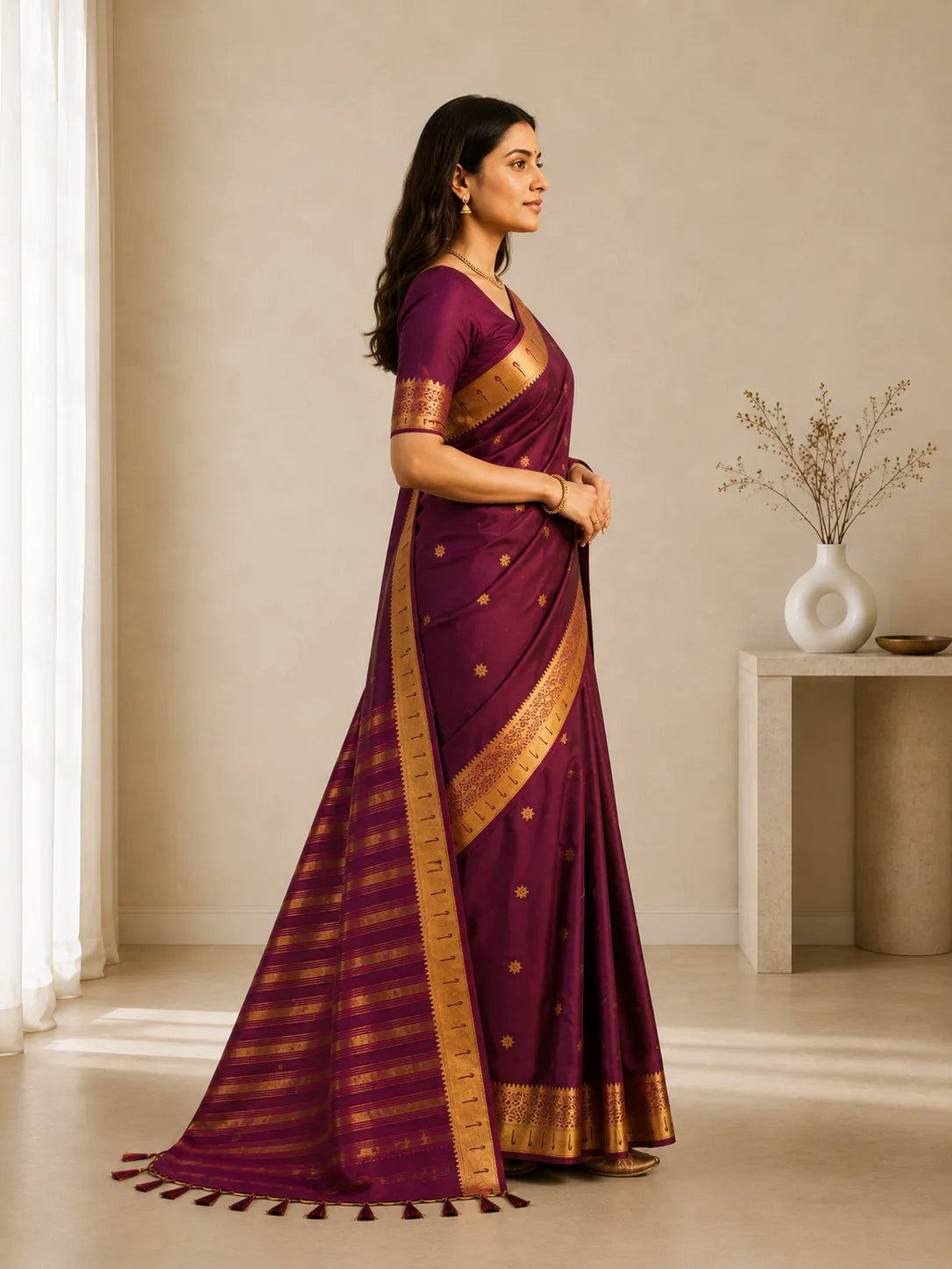 Rajnidhi Wine Purple Paithani Silk Saree with Antique Gold Floral Zari Border