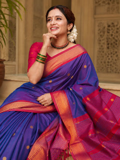 Royal Blue Cotton Silk Saree with Red Zari Border & Contrast Red Blouse