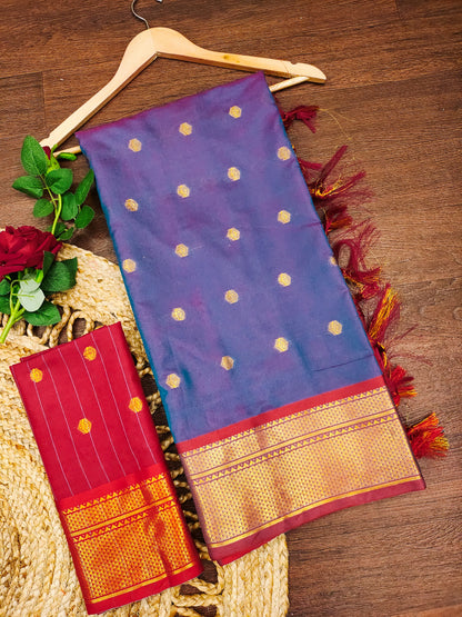 Royal Blue Cotton Silk Saree with Red Zari Border & Contrast Red Blouse