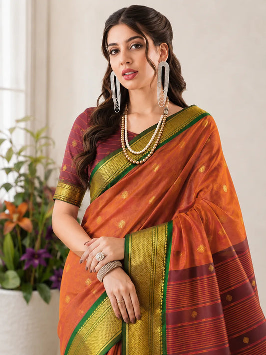 Copper Orange Cotton Silk Saree with Emerald Green Zari Border & Wine Contrast Blouse