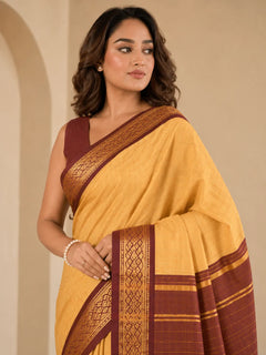 Aarohi Golden Beige Saree with Maroon Heritage Zari Border