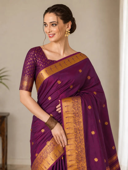 Rajeshwari Royal Purple Paithani Silk Saree with Antique Gold Zari Border