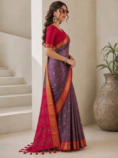 Smoky Grey Cotton Silk Saree with Ruby Red Zari Border & Contrast Red Blouse