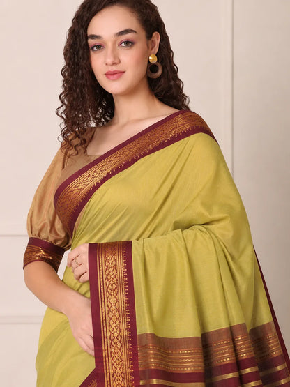 Mrunalini Olive Green Saree with Maroon Heritage Zari Border