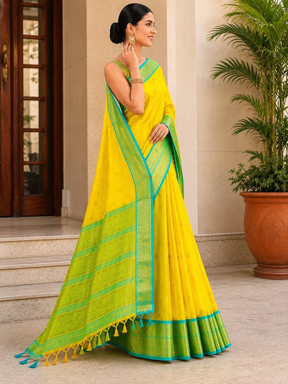 Sunshine Yellow Cotton Silk Saree with Aqua Blue Zari Border & Contrast Mint Blouse