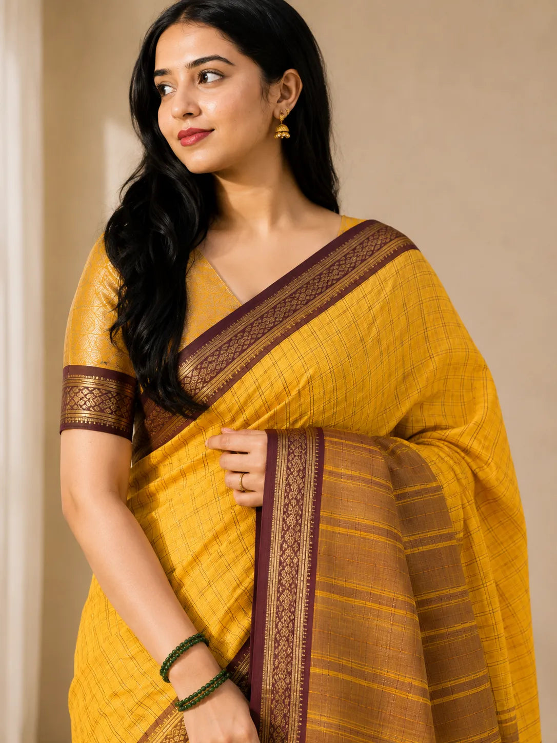 Suvarna Mustard Yellow Saree with Coffee Brown Heritage Border