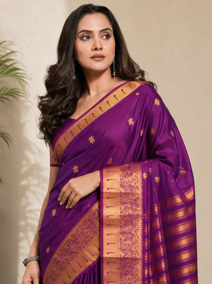 Rajeshwari Violet Paithani Silk Saree with Gold Zari Border & Striped Pallu