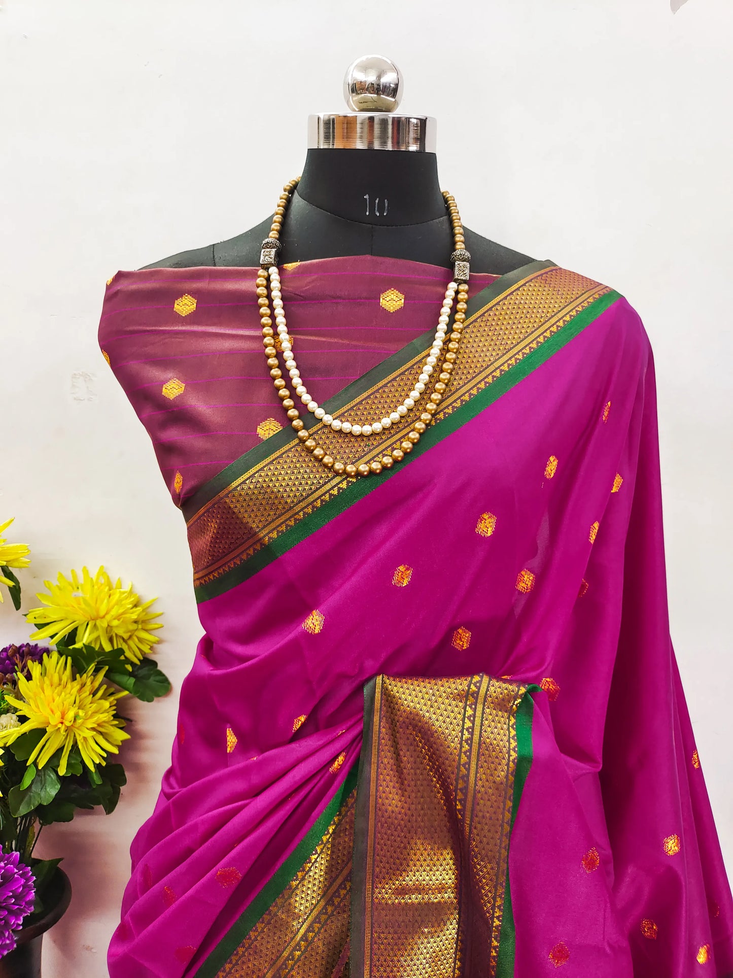 Magenta Pink Cotton Silk Saree with Gold Zari Butti & Green Contrast Border
