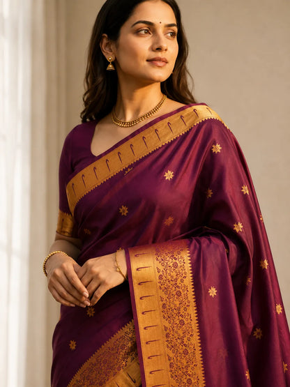 Rajnidhi Wine Purple Paithani Silk Saree with Antique Gold Floral Zari Border