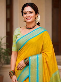 Bright Marigold Yellow Cotton Silk Saree with Aqua Blue Zari Border & Mint Green Contrast Blouse