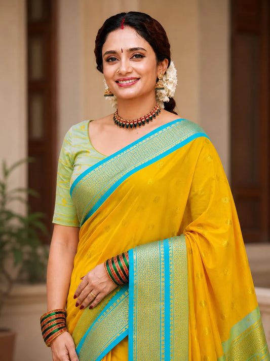 Bright Marigold Yellow Cotton Silk Saree with Aqua Blue Zari Border & Mint Green Contrast Blouse