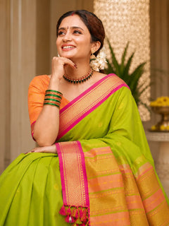Olive Green Cotton Silk Saree with Pink Zari Border & Contrast Peach Pallu