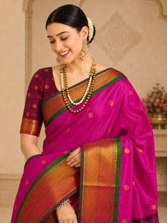 Rani Pink Cotton Silk Saree with Green Zari Border & Contrast Brown Blouse