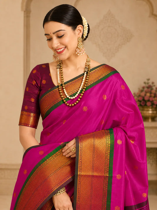 Rani Pink Cotton Silk Saree with Green Zari Border & Contrast Brown Blouse