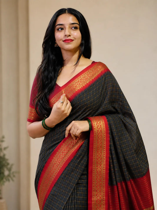 Nikhila Midnight Checkered Saree with Crimson Heritage Zari Border