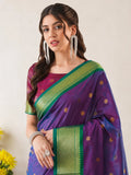 Lavender Purple Cotton Silk Saree with Emerald Green Zari Border & Contrast Wine Blouse