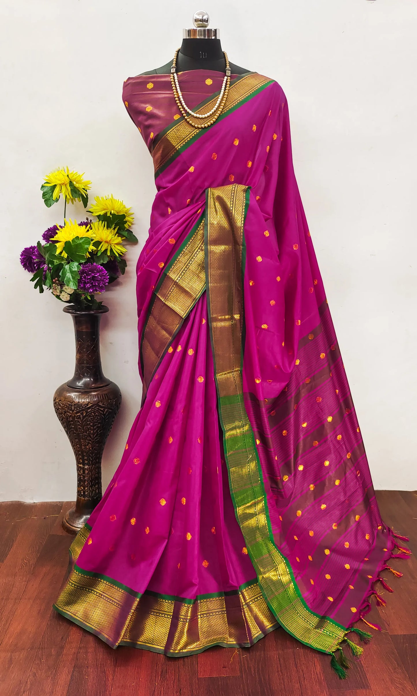 Magenta Pink Cotton Silk Saree with Gold Zari Butti & Green Contrast Border