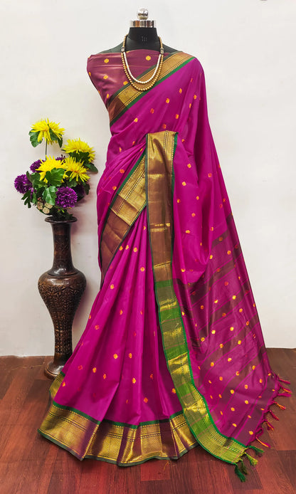 Magenta Pink Cotton Silk Saree with Gold Zari Butti & Green Contrast Border