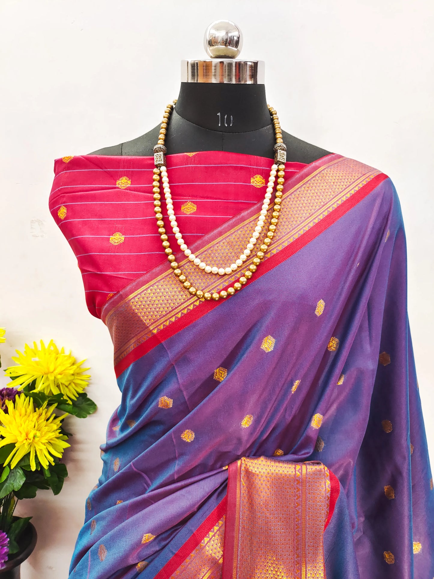 Royal Blue Cotton Silk Saree with Red Zari Border & Contrast Red Blouse