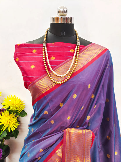 Royal Blue Cotton Silk Saree with Red Zari Border & Contrast Red Blouse