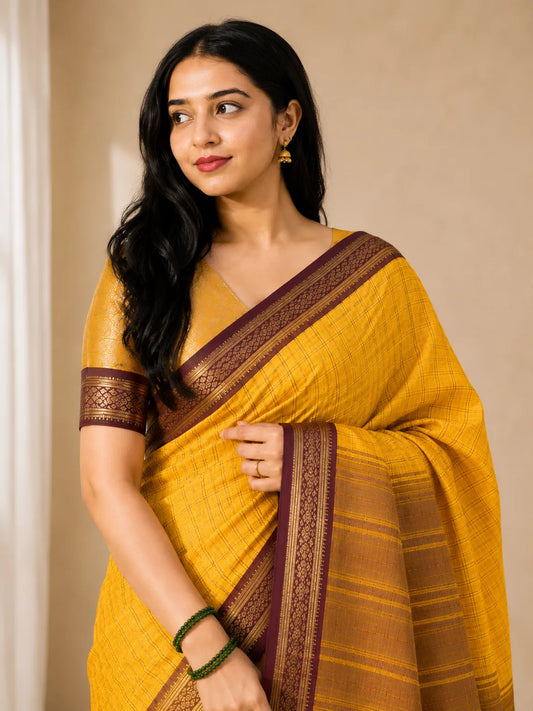 Suvarna Mustard Yellow Saree with Coffee Brown Heritage Border