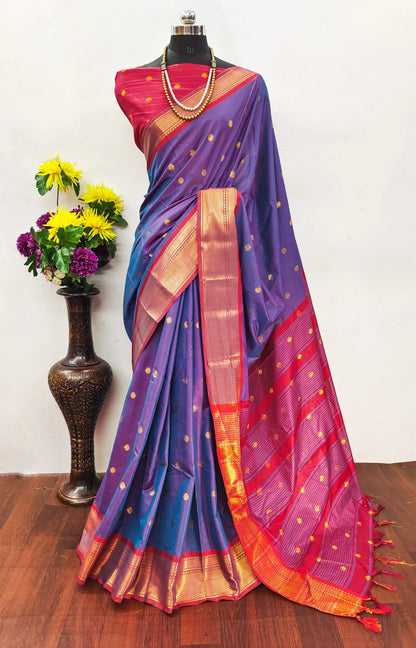 Royal Blue Cotton Silk Saree with Red Zari Border & Contrast Red Blouse