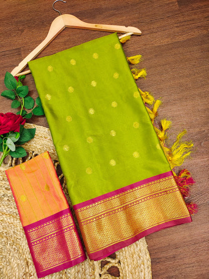 Olive Green Cotton Silk Saree with Pink Zari Border & Contrast Peach Pallu