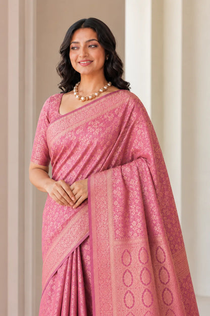 Royal Mauve Pink Banarasi Silk Saree with Floral Jaal Weaving & Rich Zari Pallu