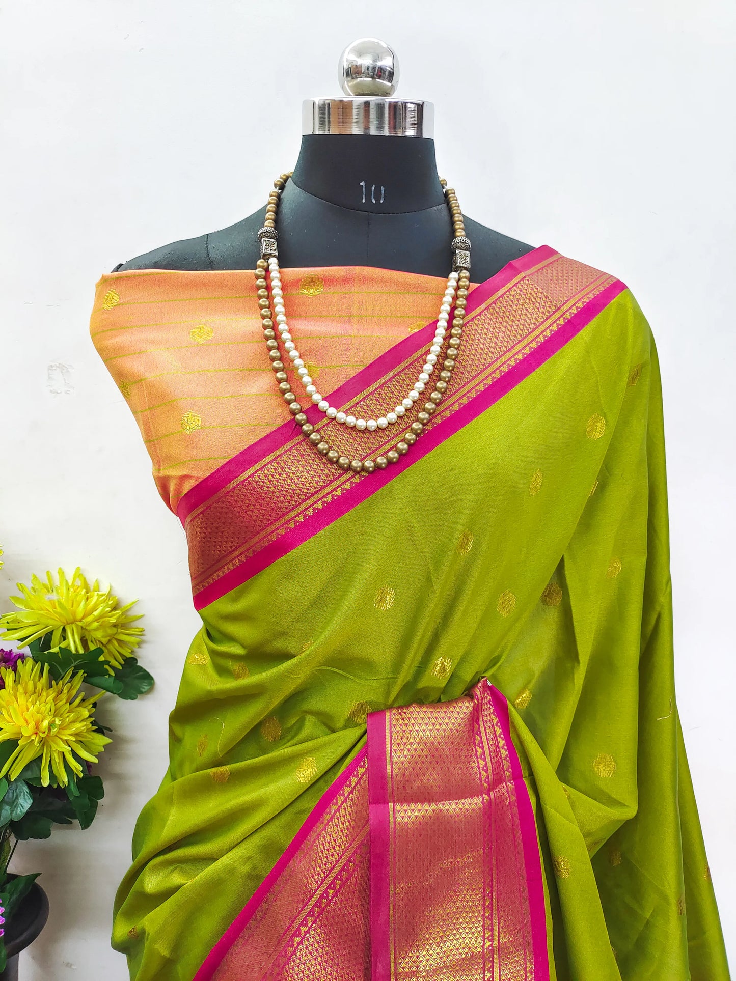 Olive Green Cotton Silk Saree with Pink Zari Border & Contrast Peach Pallu