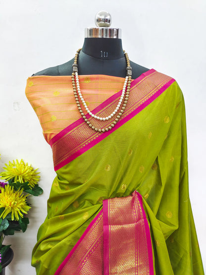 Olive Green Cotton Silk Saree with Pink Zari Border & Contrast Peach Pallu