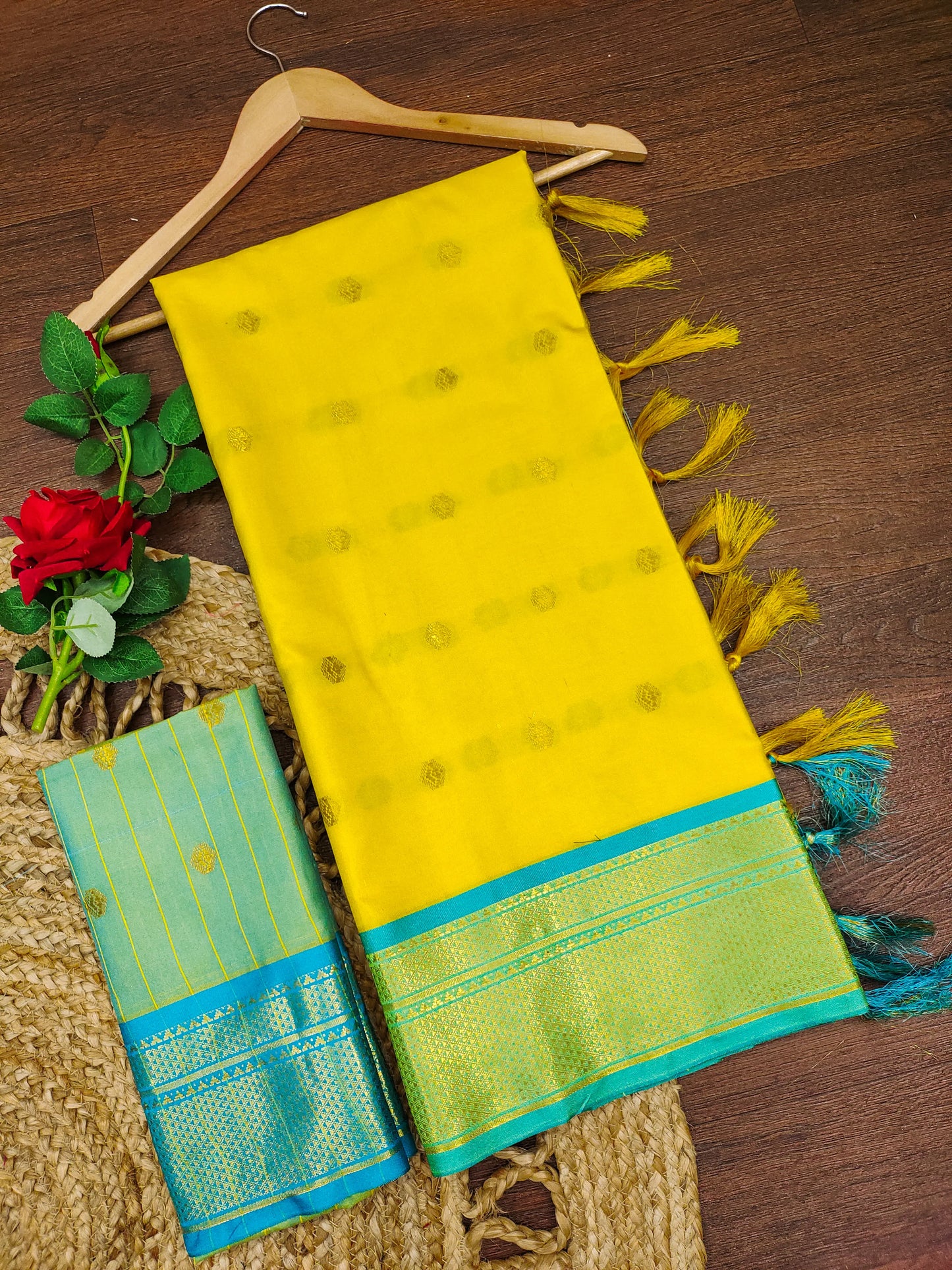 Sunshine Yellow Cotton Silk Saree with Aqua Blue Zari Border & Contrast Mint Blouse