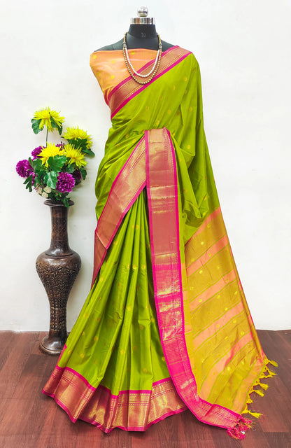 Olive Green Cotton Silk Saree with Pink Zari Border & Contrast Peach Pallu
