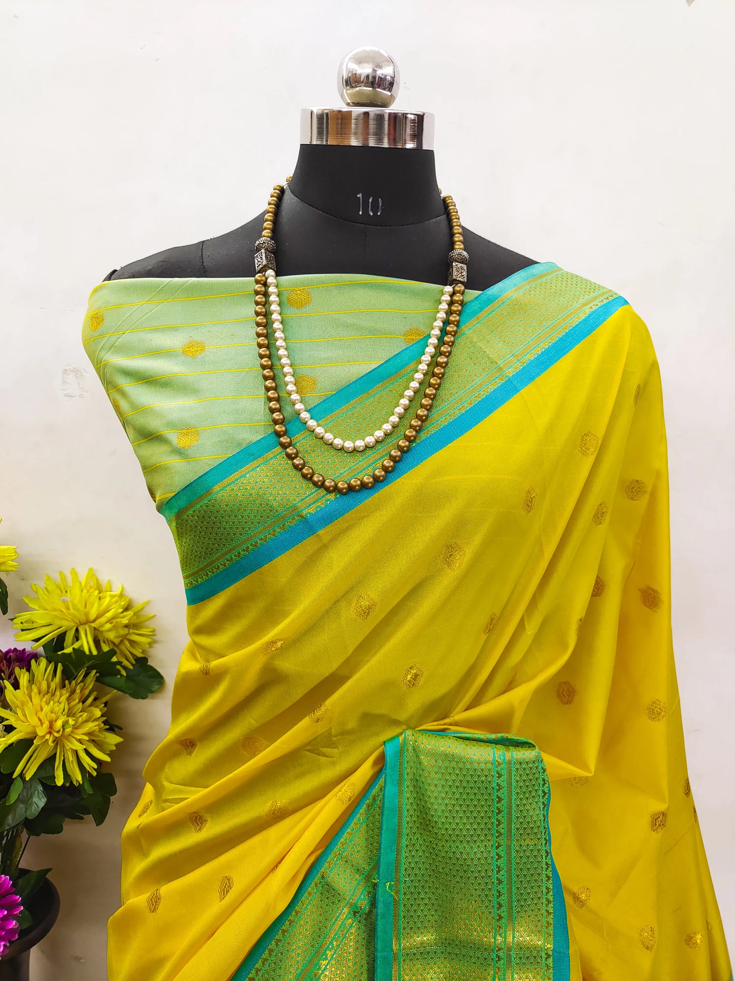Sunshine Yellow Cotton Silk Saree with Aqua Blue Zari Border & Contrast Mint Blouse