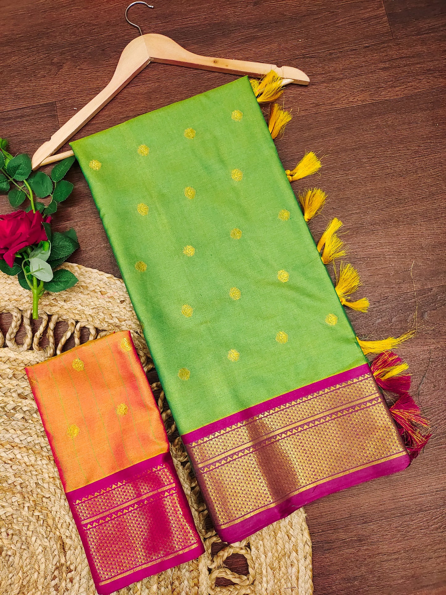Parrot Green Cotton Silk Saree with Pink Zari Border & Contrast Orange Pallu
