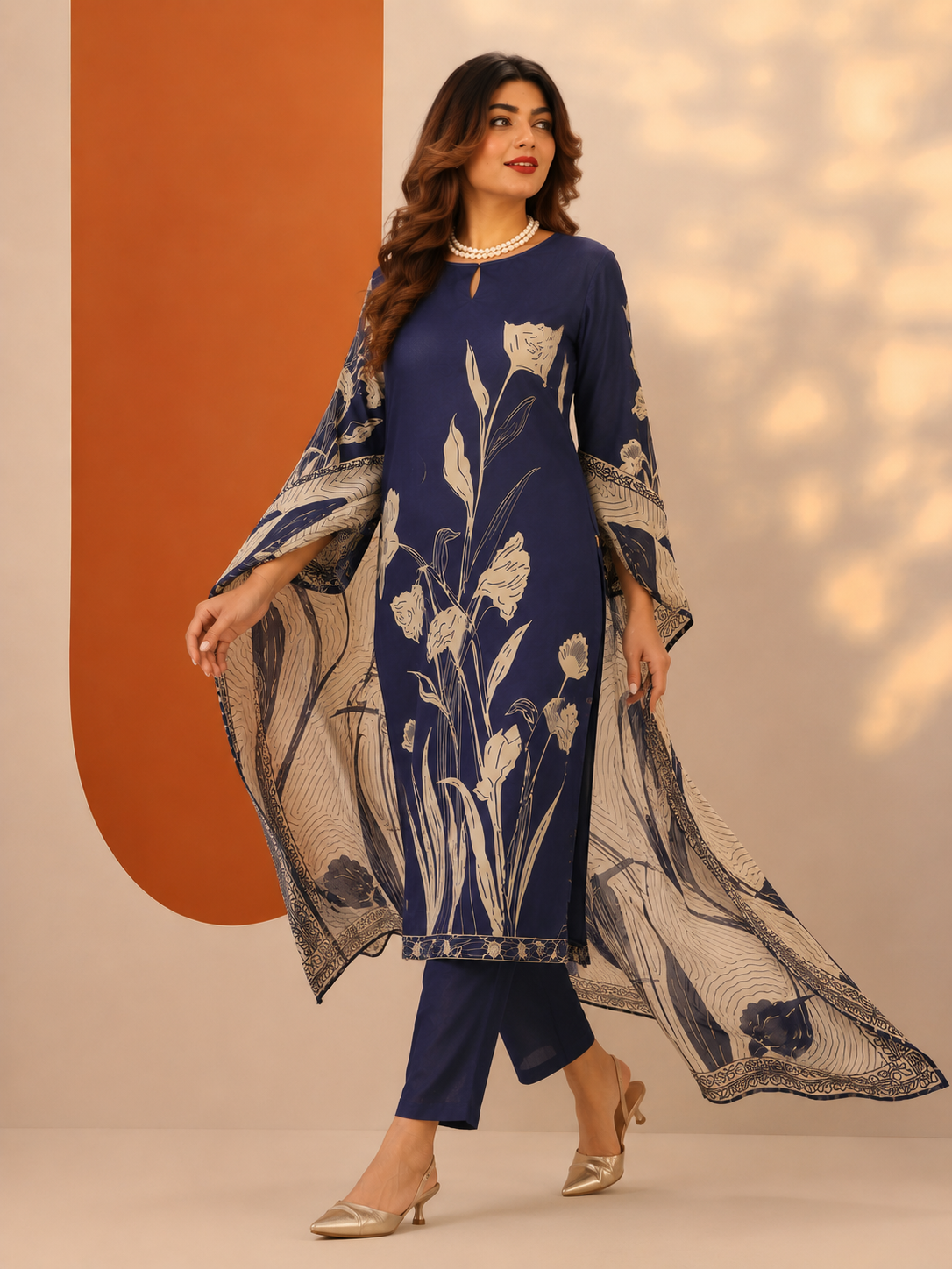 Navy Blue Floral Printed Silk Blend 3-Piece Suit Set with Dupatta