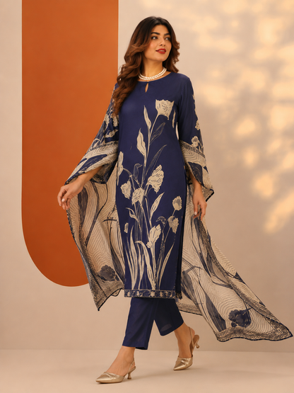 Navy Blue Floral Printed Silk Blend 3-Piece Suit Set with Dupatta