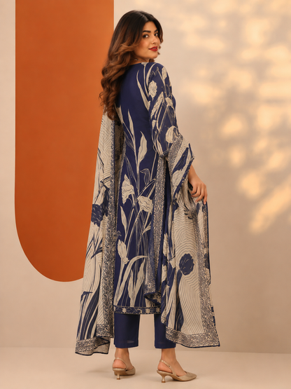 Navy Blue Floral Printed Silk Blend 3-Piece Suit Set with Dupatta