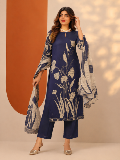 Navy Blue Floral Printed Silk Blend 3-Piece Suit Set with Dupatta
