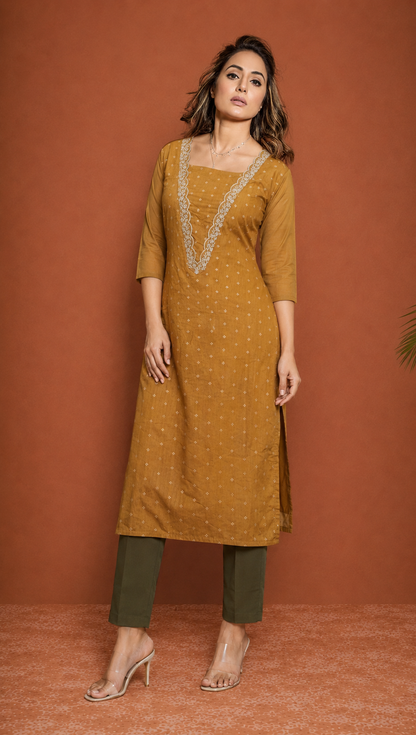 Mustard Gold Jacquard Embroidered Straight Kurti