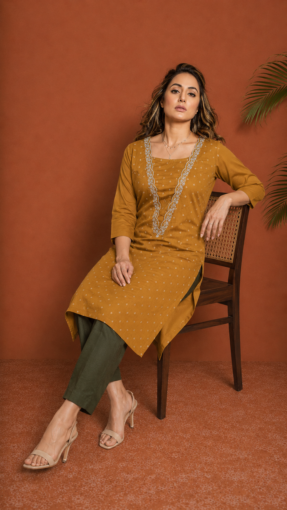 Mustard Gold Jacquard Embroidered Straight Kurti