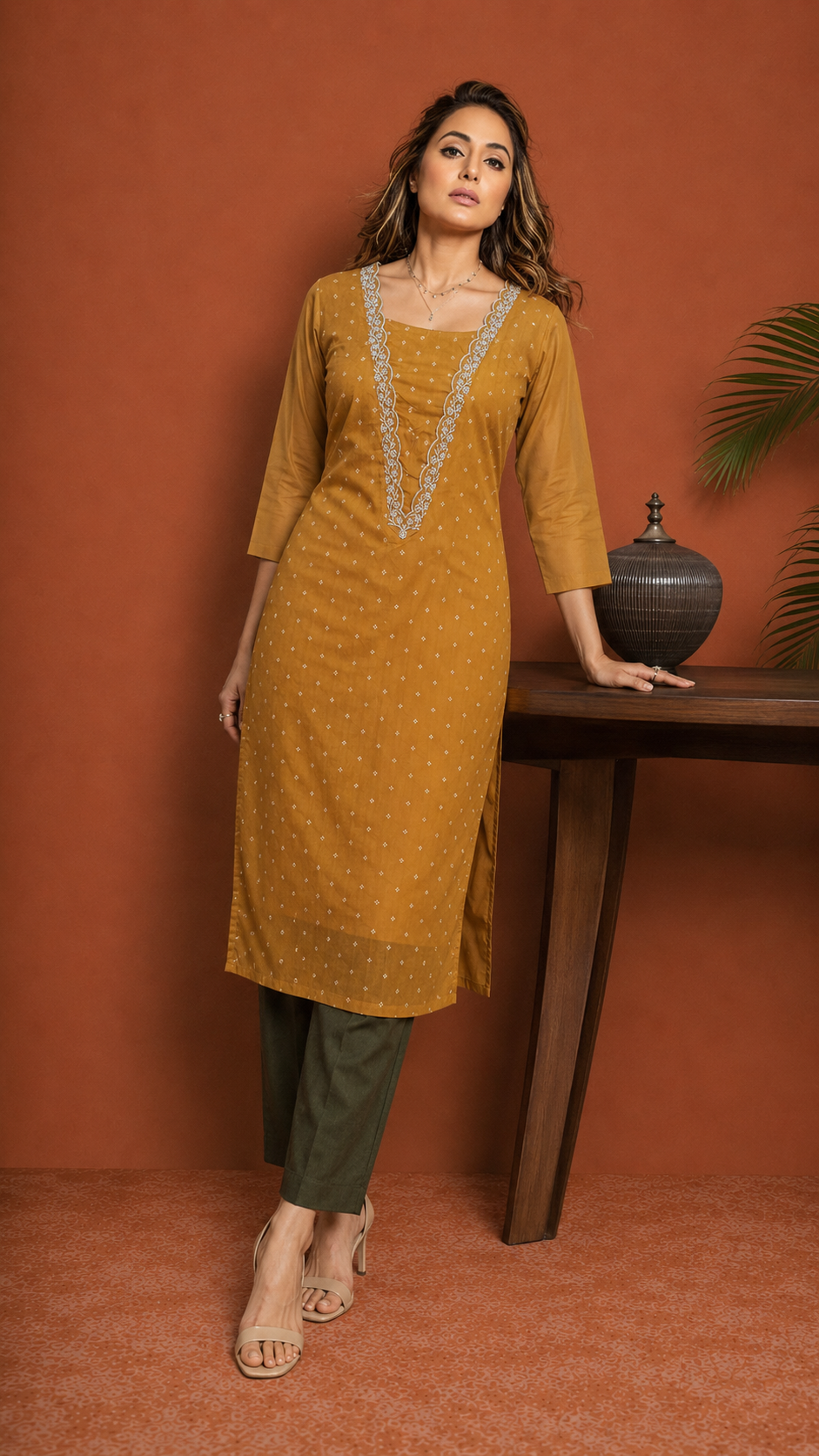 Mustard Gold Jacquard Embroidered Straight Kurti