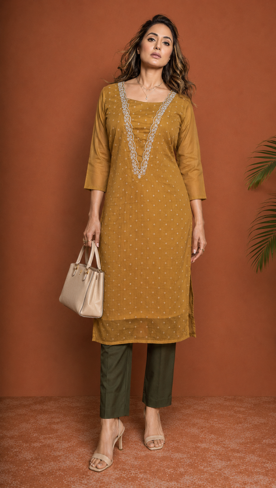 Mustard Gold Jacquard Embroidered Straight Kurti