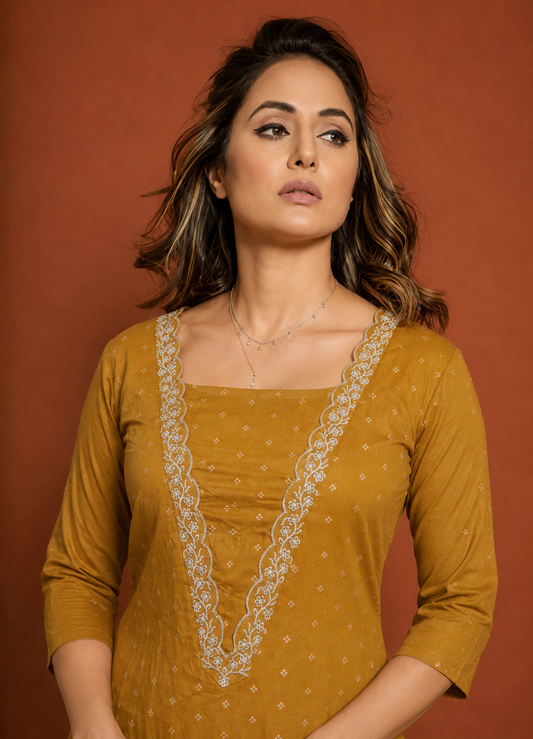 Mustard Gold Jacquard Embroidered Straight Kurti