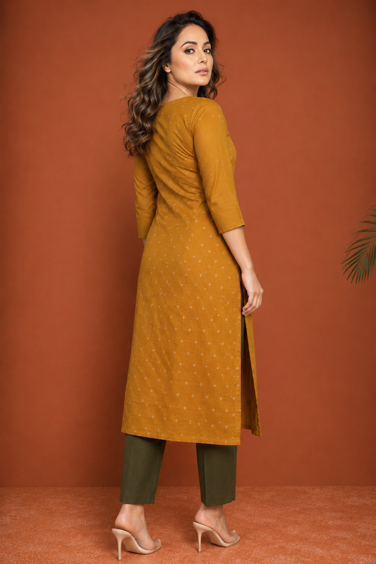 Mustard Gold Jacquard Embroidered Straight Kurti